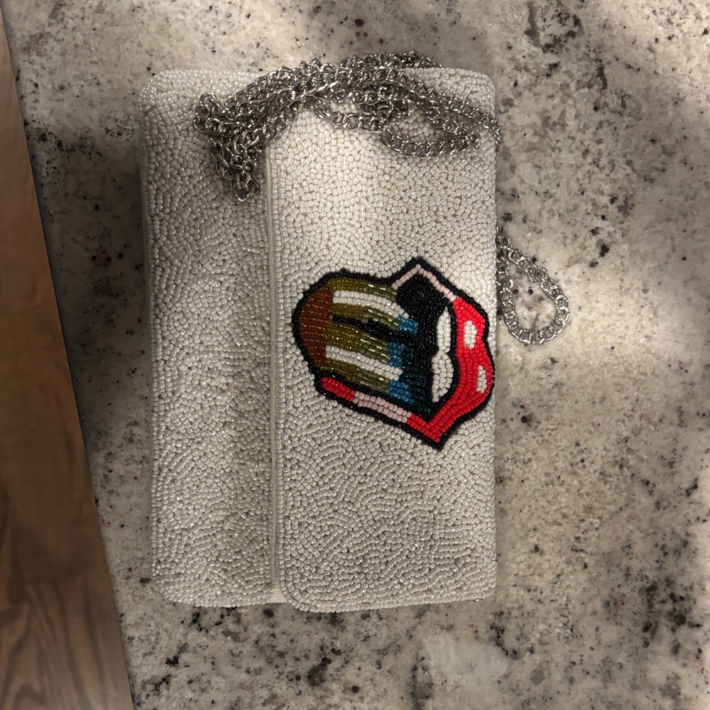 The Rolling Stones White Beaded Clutch with Silver Chain